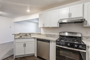 A kitchen with white cabinets and a stainless steel dishwasher and oven